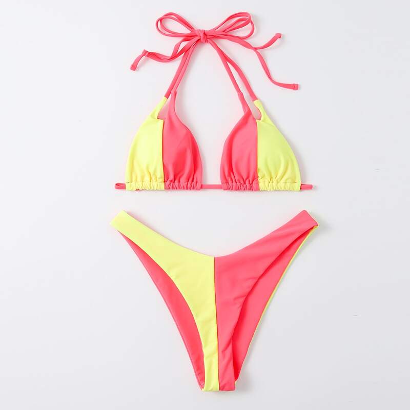 

Color Block Halter Triangle Bikini Swimsuit, Multicolor