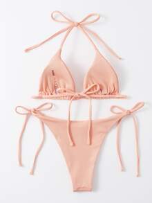 Rib Halter Triangle Top & Thong Bikini Set, For Summer Beach Vacation - Baby Pink - View 2