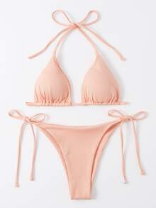 Rib Halter Triangle Top & Thong Bikini Set, For Summer Beach Vacation - Baby Pink - View 3