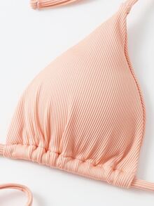 Rib Halter Triangle Top & Thong Bikini Set, For Summer Beach Vacation - Baby Pink - View 4