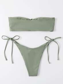 Baju renang bikini berpotongan tinggi dengan tabung renda sendiri - Hijau Tentara - View 2