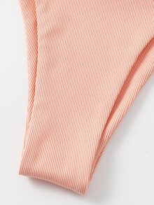 Rib Halter Triangle Top & Thong Bikini Set, For Summer Beach Vacation - Baby Pink - View 5