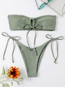 Baju renang bikini berpotongan tinggi dengan tabung renda sendiri - Hijau Tentara - View 3