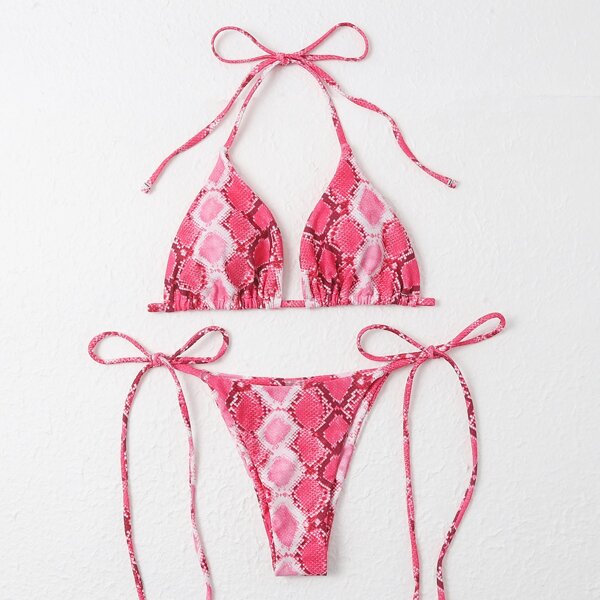 

Snakeskin Print Halter Tie Side Bikini Swimsuit, Red