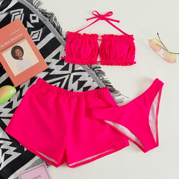 

3pack Neon Pink Ruched Frill Bikini Swimsuit, Hot pink