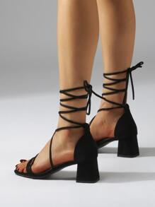Minimalist Tie Leg Chunky Sandals - Black - View 4