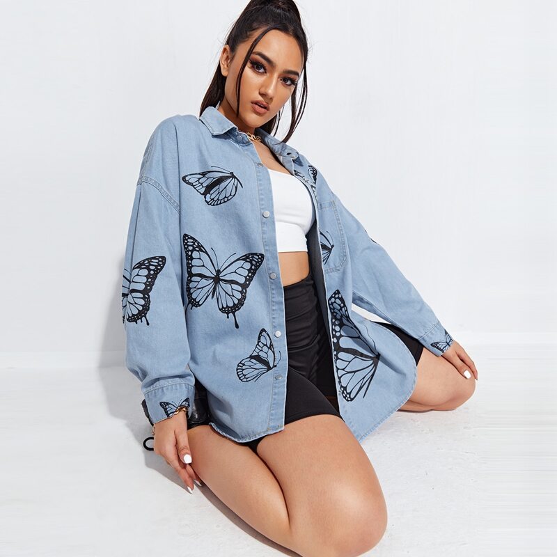 

Drop Shoulder Butterfly Denim Coat, Light wash