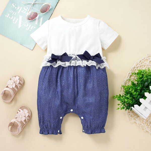 

Baby Girl Lace Panel Bow Front Romper, Blue and white