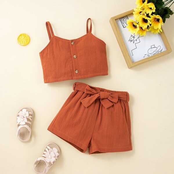 

Baby Girl Button Front Cami Top With Belted Shorts, Orange