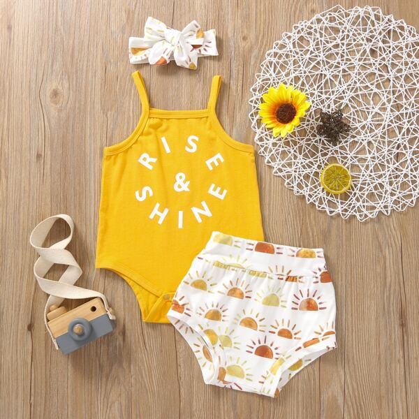 

Baby Girl Letter Graphic Cami Bodysuit & Shorts & Headband, Multicolor