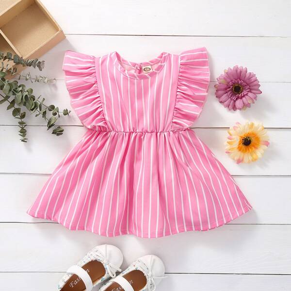 

Baby Girl Striped Ruffle Trim Babydoll Dress, Pink