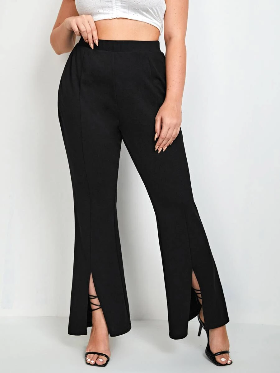 SHEIN Privé Plus High Waist Slit Hem Flare Leg Trousers - Black - View 1
