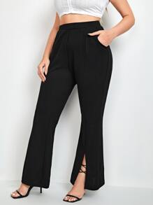SHEIN Privé Plus High Waist Slit Hem Flare Leg Trousers - Black - View 5