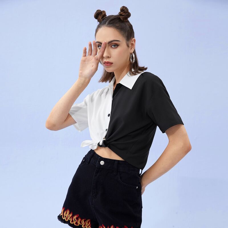 

Two Tone Button Front Blouse, Black and white