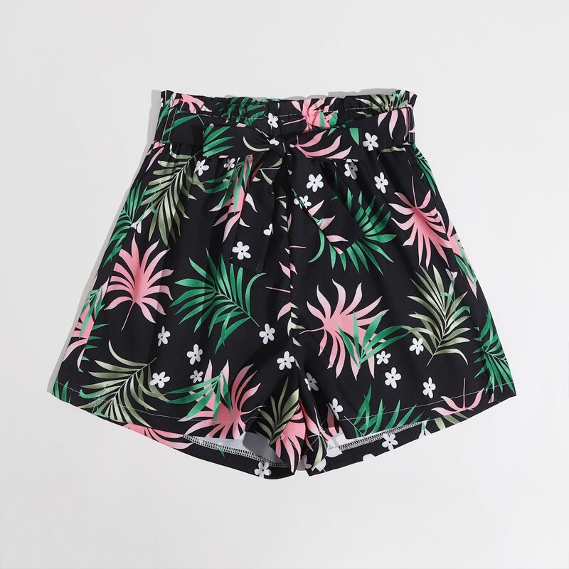 

Floral Print Belted Shorts, Black