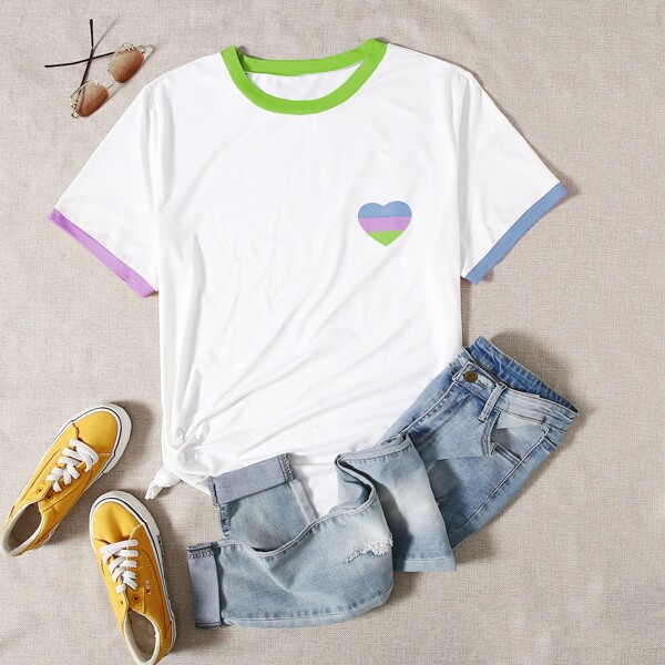 

Plus Heart Print Contrast Binding Tee, White