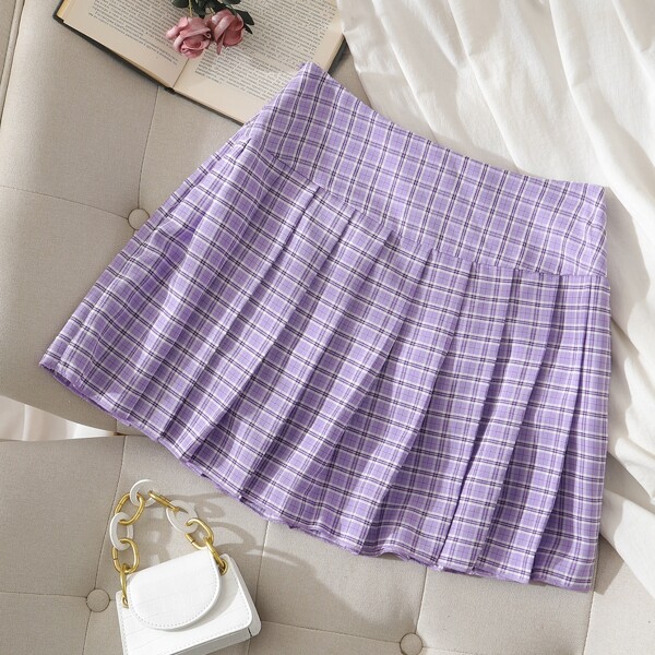

Zipper Side Tartan Pleated Skirt, Lilac purple
