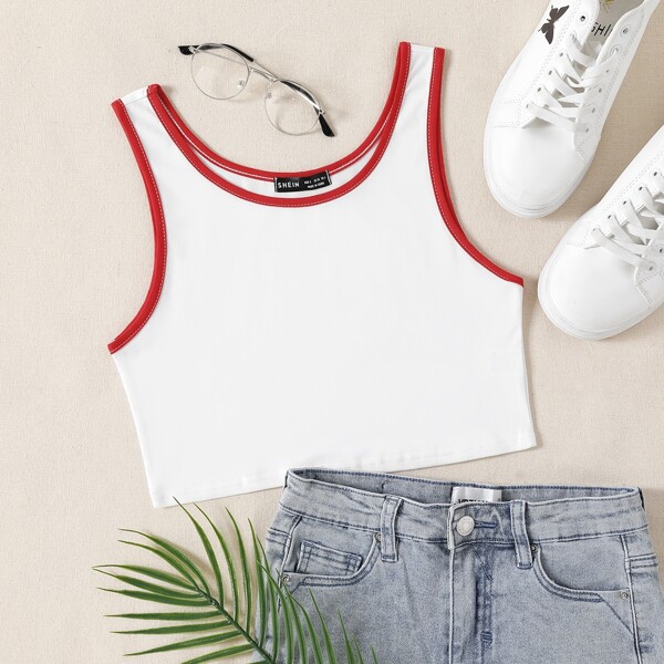 

Contrast Binding Crop Tank Top, White
