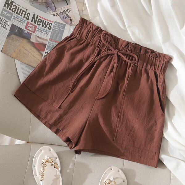 

Paperbag Knot Waist Solid Shorts, Rust brown