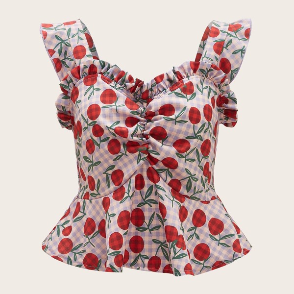 

Cherry And Gingham Ruffle Trim Top, Multicolor