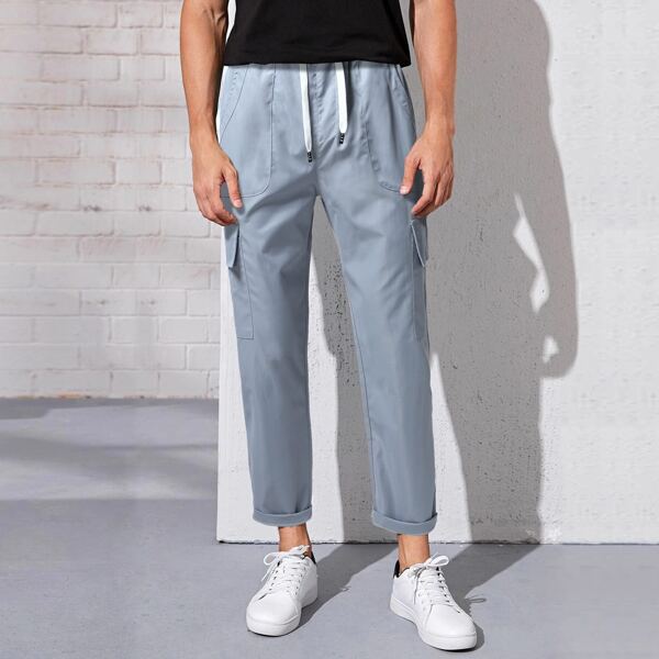 

Men Drawstring Waist Flap Pockets Cargo Pants, Grey