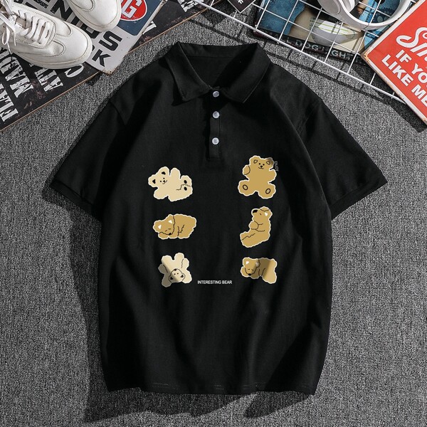 

Men Bear Print Polo Shirt, Black