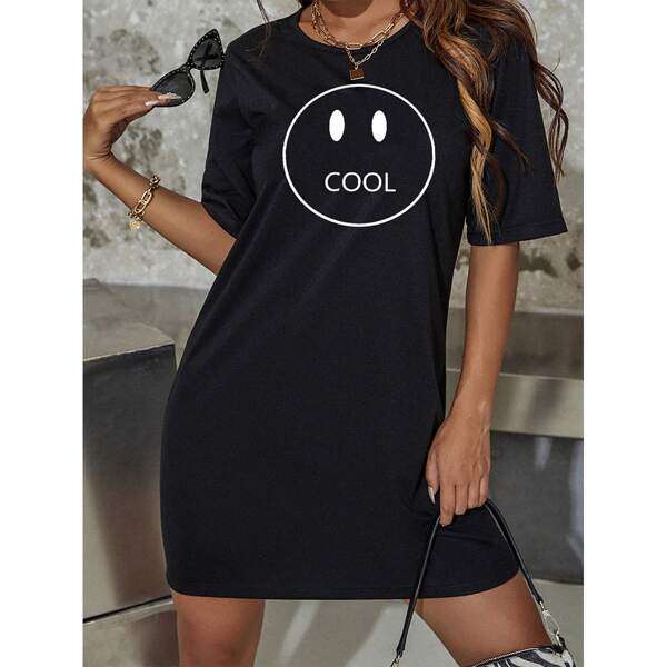 

Cartoon & Letter Graphic Tee Dress, Black