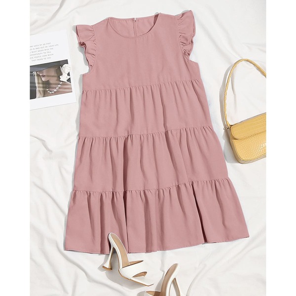 

Butterfly Sleeve Keyhole Back Ruffle Hem Smock Dress, Dusty pink