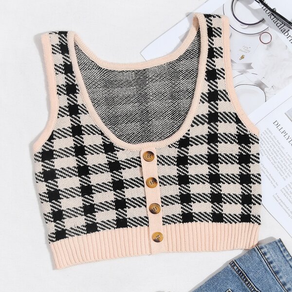 

Plaid Button Front Knit Top, Multicolor