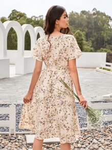 Mulvari Ditsy Floral Print Belted Dress - Beige - View 2