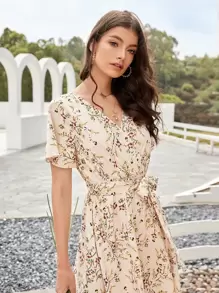 Mulvari Ditsy Floral Print Belted Dress - Beige - View 3