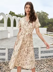 Mulvari Ditsy Floral Print Belted Dress - Beige - View 4