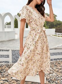 Mulvari Ditsy Floral Print Belted Dress - Beige - View 5