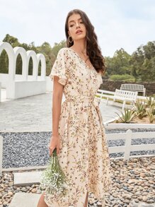 Mulvari Ditsy Floral Print Belted Dress - Beige - View 6