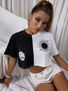 SHEIN Unity Áo thun Đồ họa Giải trí - Đen và trắng - Xem 3