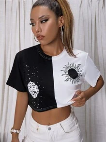 SHEIN Unity Áo thun Đồ họa Giải trí - Đen và trắng - Xem 5
