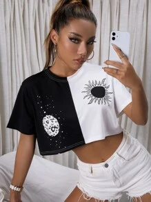 SHEIN Unity Áo thun Đồ họa Giải trí - Đen và trắng - Xem 6