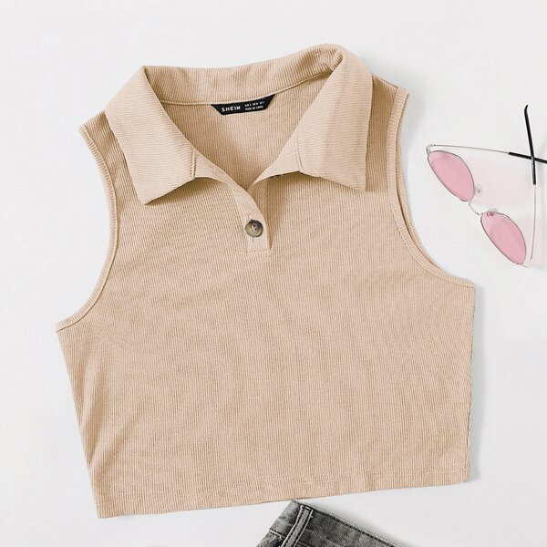 

Ribbed Half-Button Cropped Tank Top, Apricot