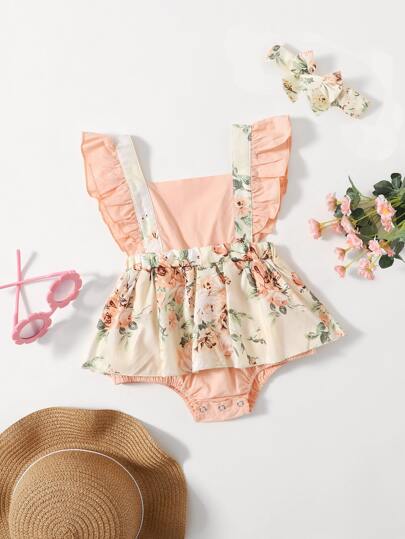 فستان بدسويت مدموج مقلم بكشكش مزهر مع عصابة راس للبنات للأطفال