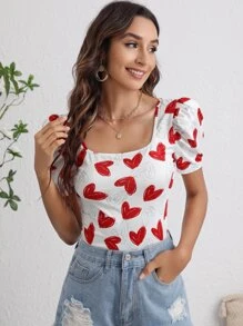 SHEIN Privé 大圓領泡泡袖心形圖案T恤 - 紅白色 - 查看 1