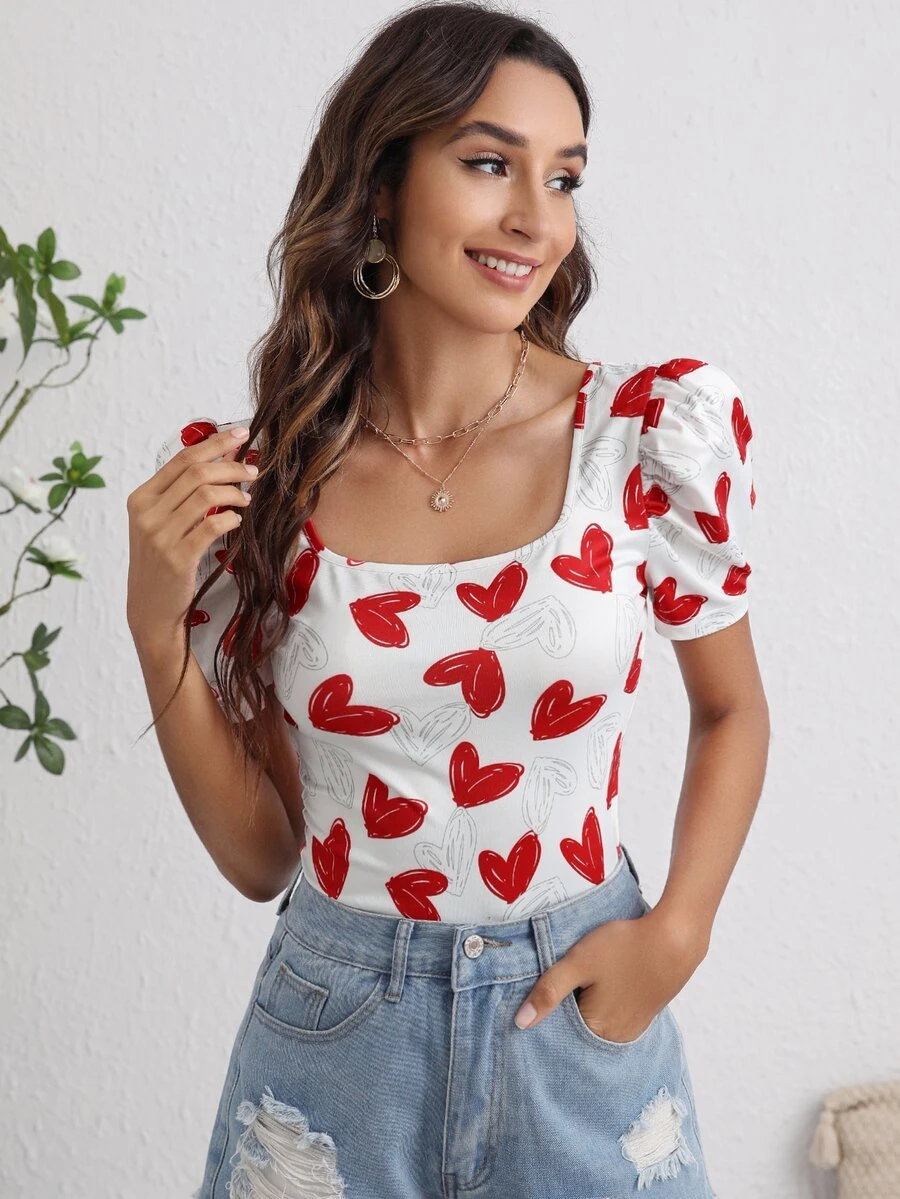 SHEIN Privé 大圓領泡泡袖心形圖案T恤 - 紅白色 - 查看 1