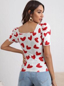 SHEIN Privé 大圓領泡泡袖心形圖案T恤 - 紅白色 - 查看 2