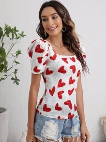 SHEIN Privé 大圓領泡泡袖心形圖案T恤 - 紅白色 - 查看 4