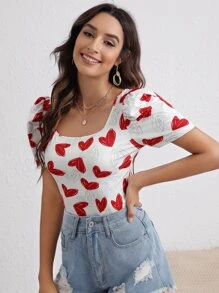 SHEIN Privé 大圓領泡泡袖心形圖案T恤 - 紅白色 - 查看 5