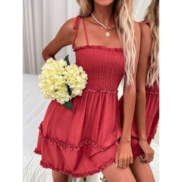 

Frill Trim Shirred Cami Dress, Red