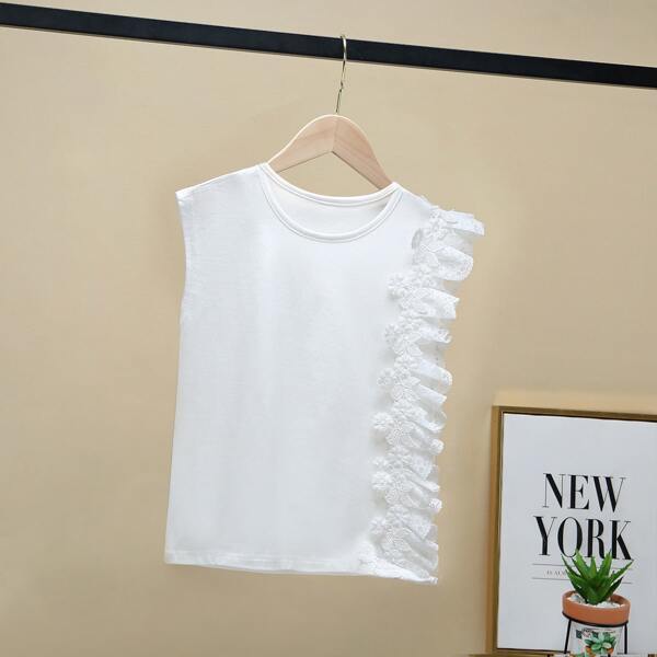 

Girls Solid Contrast Lace Tank Top, White