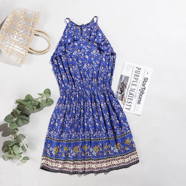 

Plus Floral Print Tie Back Dress, Blue