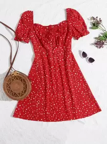 SHEIN VCAY Polka Dot Ruched Bust Dress - Red - View 1