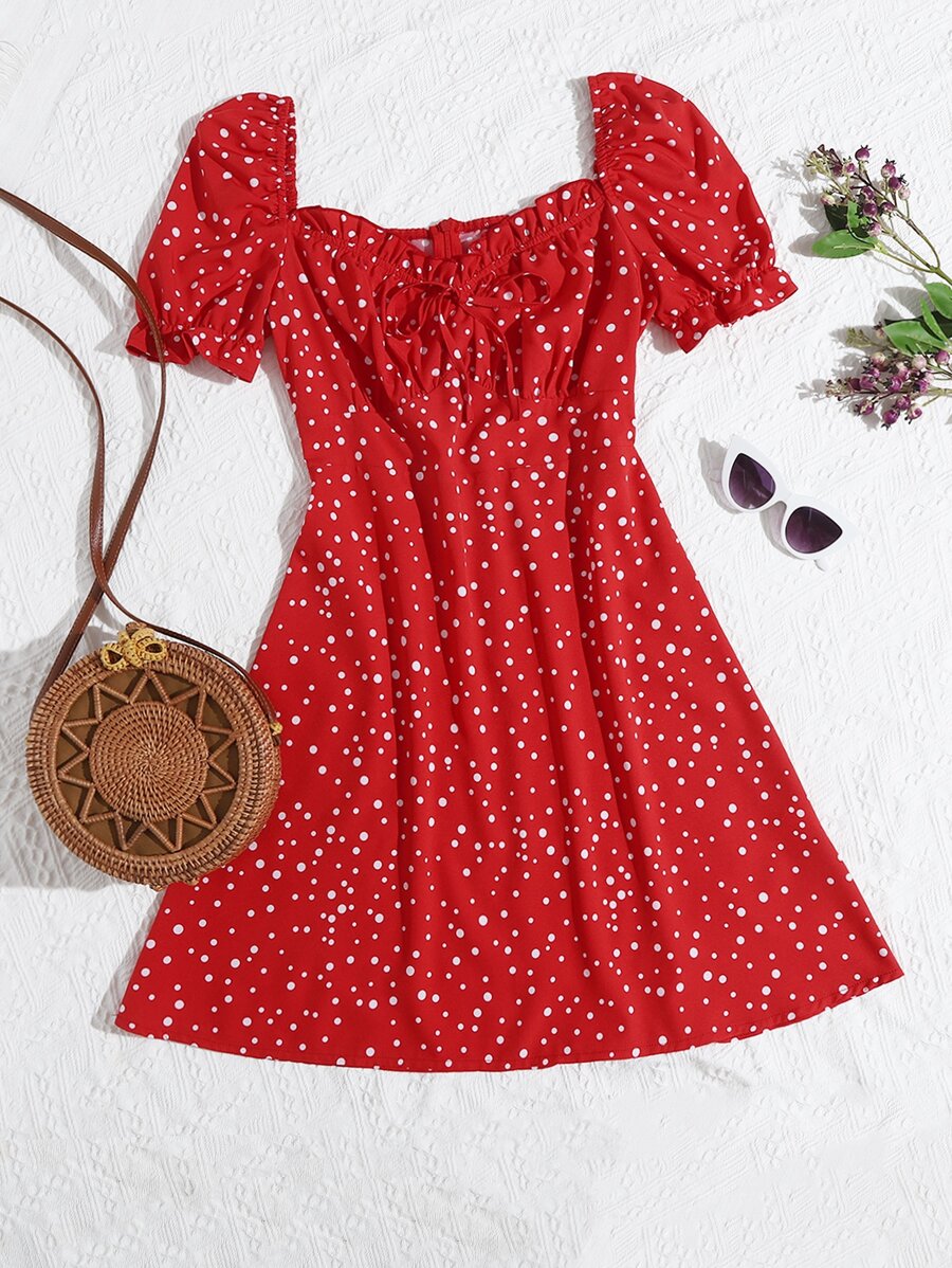 SHEIN VCAY Polka Dot Ruched Bust Dress - Red - View 1