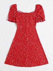 SHEIN VCAY Polka Dot Ruched Bust Dress - Red - View 2